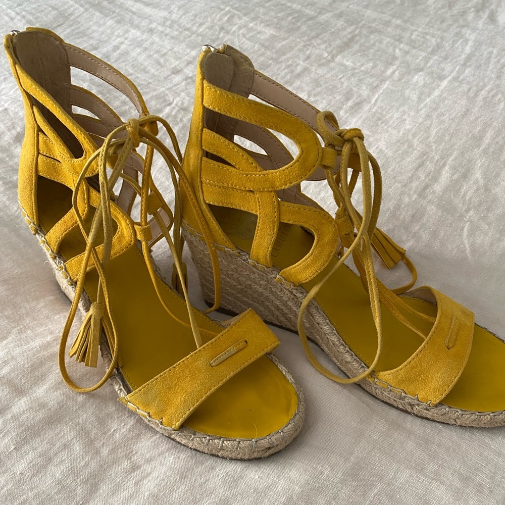 Yellow suede lace up wedge heel espadrilles by Vince Camuto